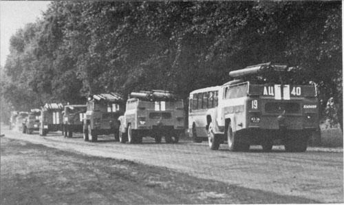 Chernobyl evacuation buses moving local civilians to