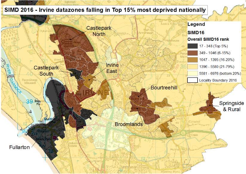 Irvine Locality (35% Local share) 55 Data Zones in total Nineteen (35%) of these currently fall within the 15% most multiply deprived rankings of the