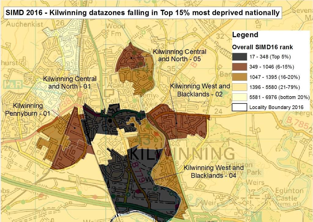 Kilwinning Locality (27% Local share) 22 Data Zones in total Six (27%) of these currently fall within the 15% most multiply