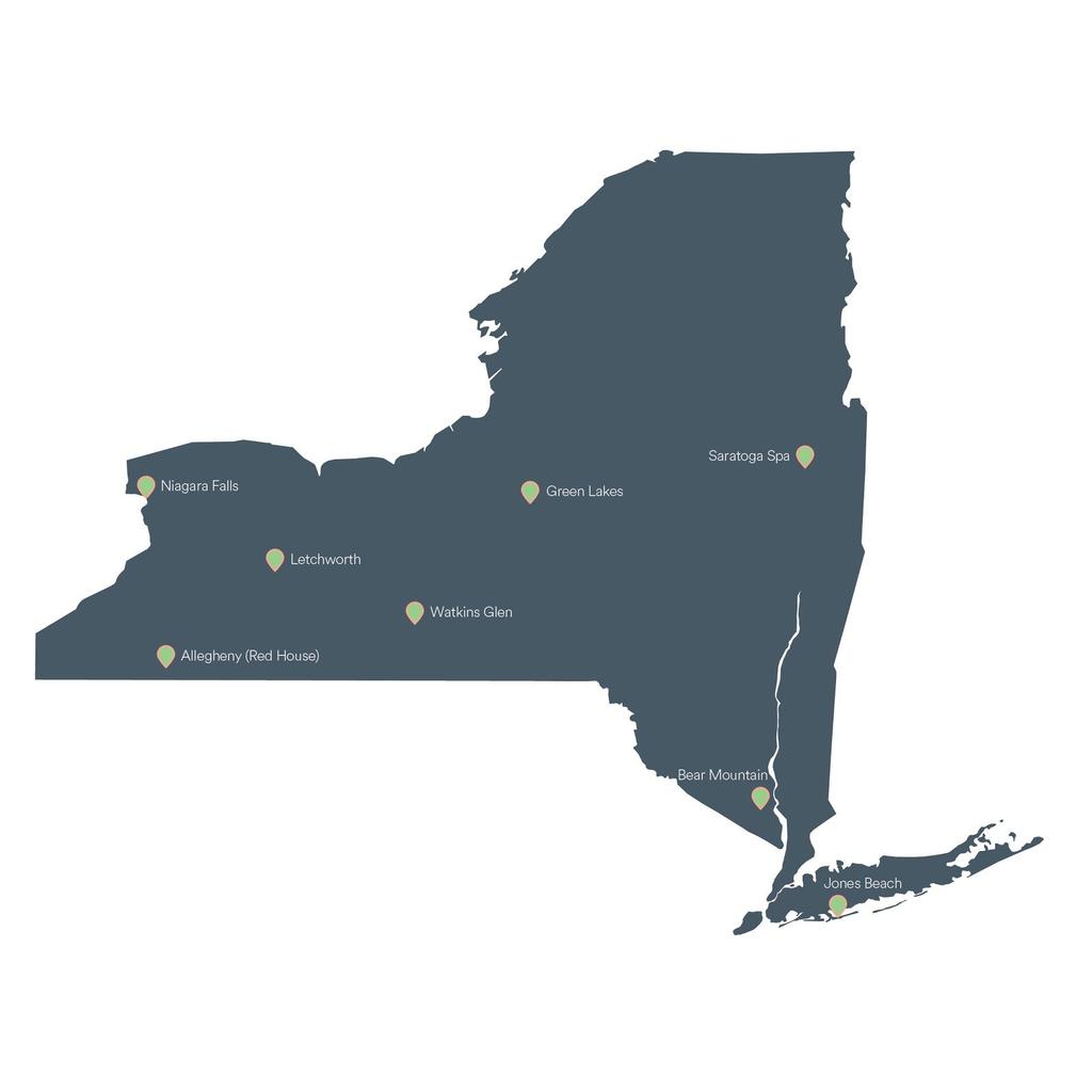 As shown in the map below, these parks span the breadth of the Empire State, from Jones Beach on Long Island and Allegheny in the Southern Tier to Watkins Glen in the Finger Lakes and Bear Mountain