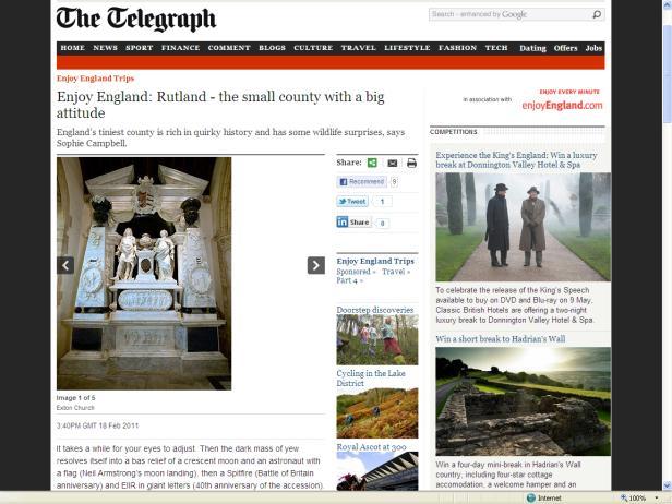- Double page spread in Telegraph One of only 5 destinations in England