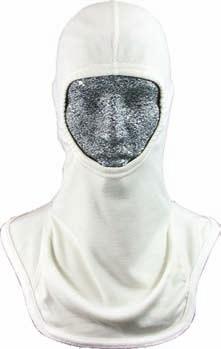 of hood at front and back is about 18¼ Notch at side helps bib lie flat Bib length from below face opening is 10½ ½ wide elastic face opening stretches to full 17 for snug fit around SCBA mask
