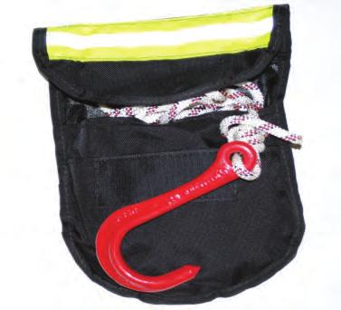 There is an opening on the top of the hook pocket for a carabineer to be pre attached to your belt or harness. To deploy simply pull the orange tab exposing the your anchor and descender.