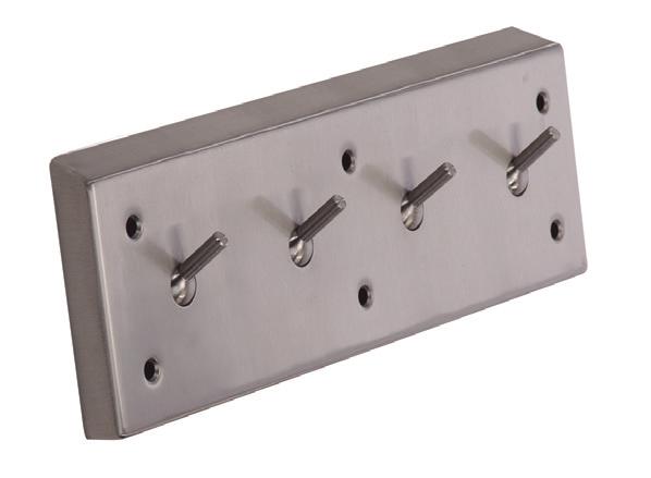 Ball Clothes Hooks S565-531 Height 5.5" Width 18" Depth 2.688" Weight 4 lbs Formed and welded stainless steel wall mount clothes hooks with ball-joint type collapsible hooks.