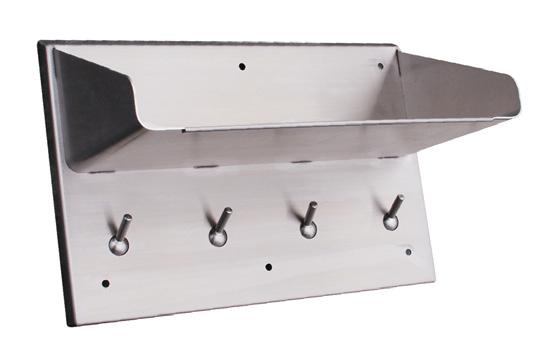 Ball Clothes Hooks S565-545 Height 12" Width 18" Depth 9" Weight 10.5 lbs Formed and welded stainless steel wall mount clothes hooks with ball-joint type collapsible hooks. Made in the U.S.A.