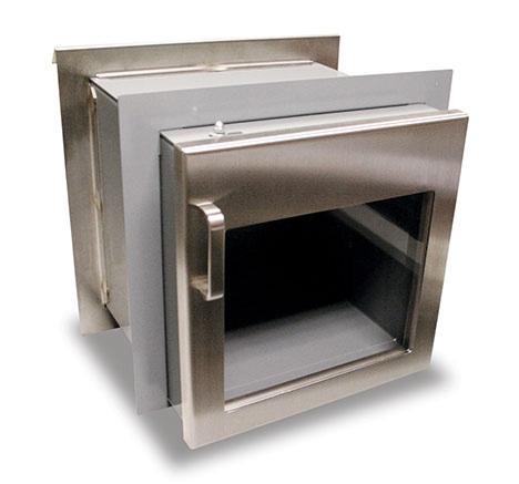 Package Pass IPP-100 Height 18.625" Width 18.625" Depth 16.25" Weight 70-92 lbs Cut, notched, formed and welded 11 gauge steel frame with 11 gauge stainless steel doors and 18 gauge piano hinge.
