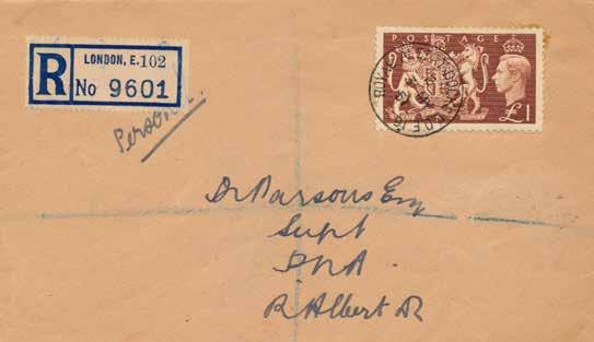 3rd May 1951 Single 1 Festival High Value from the set on a plain registered cover with Royal Albert Docks London CDS postmark.