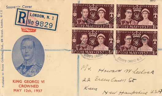 13th May 1937 Coronation of King George VI, block of 4 stamps on Stamp Collecting Ltd registered illustrated cover, cancelled with Oval