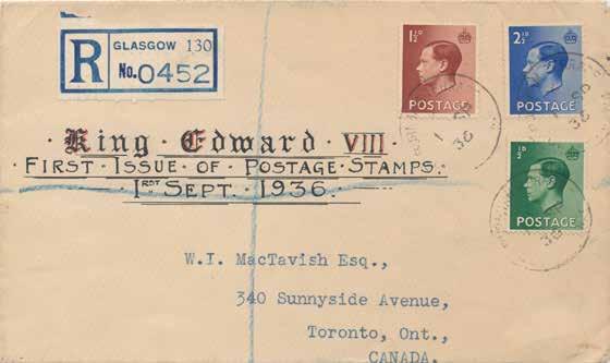 1st September 1936 King Edward VIII New Values ½d Green, 1½d Brown and 2½d Blue, Burnham Terrace Glasgow CDS on registered