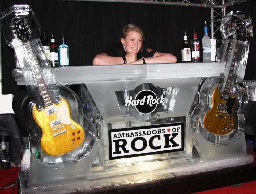 Notice the clear and frosted texturing and the guitars frozen in the ice. The logos are machined and painted right in the ice.