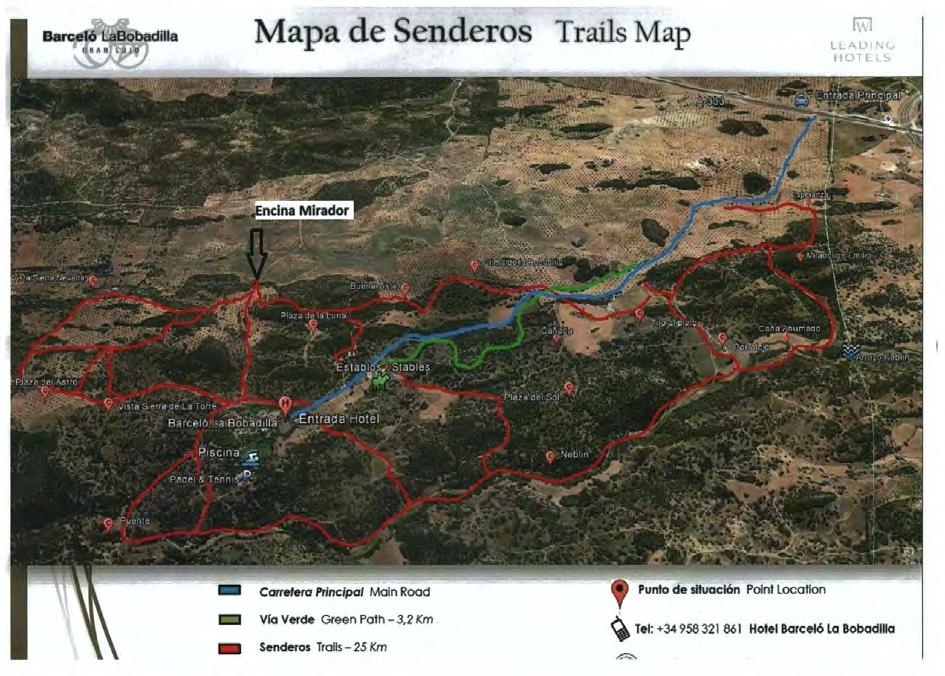 At 8 pm dinner was served for us in the Mirador Restaurant in our Hotel La Bobadilla. Saturday, 10 th June 2017 This map showed us the way to our picnic area Encina Mirador.