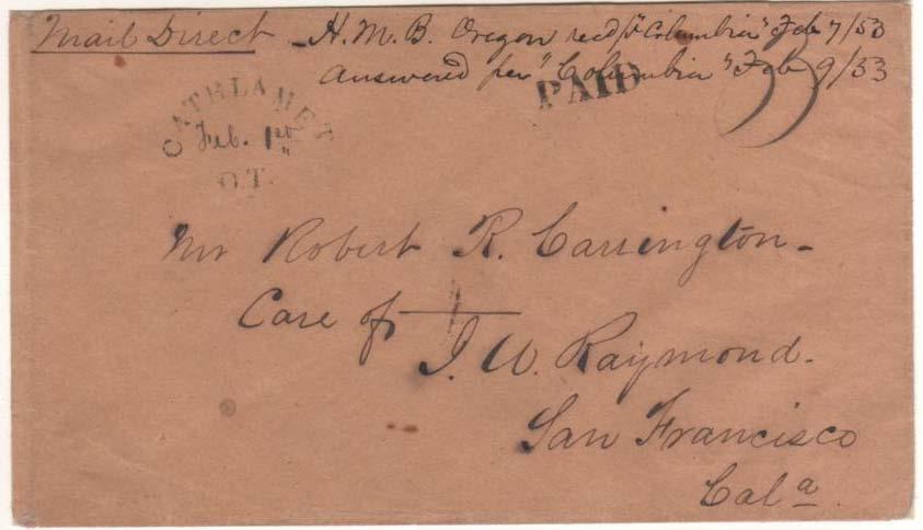 transcontinental rate Earliest recorded postal cover from what would become Washington Ter.