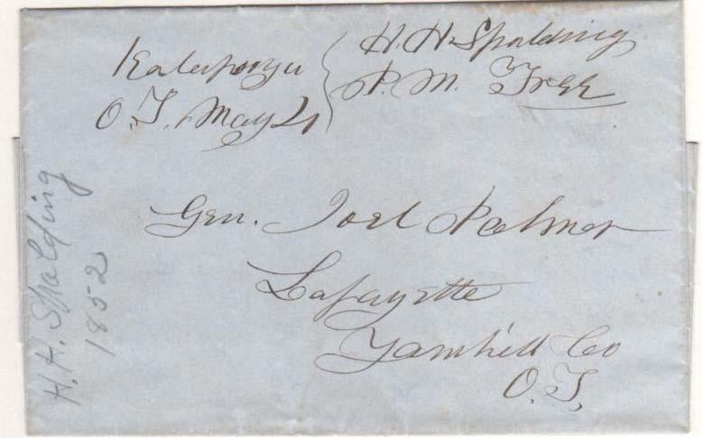 9 SEPTEMBER 1850 20 July (1853) Marysville Oregon handstamp (earliest recorded use) "Paid 6" for