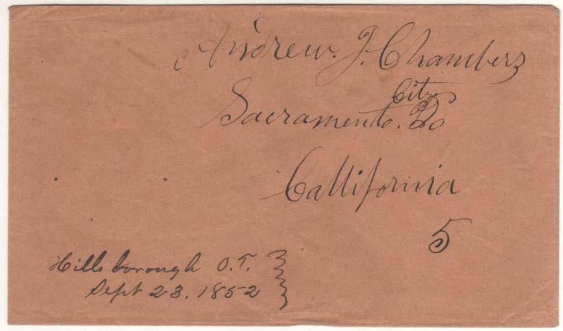 Earliest recorded western handstamp with county name "23 Sept 1852, Hillsborough O.T.