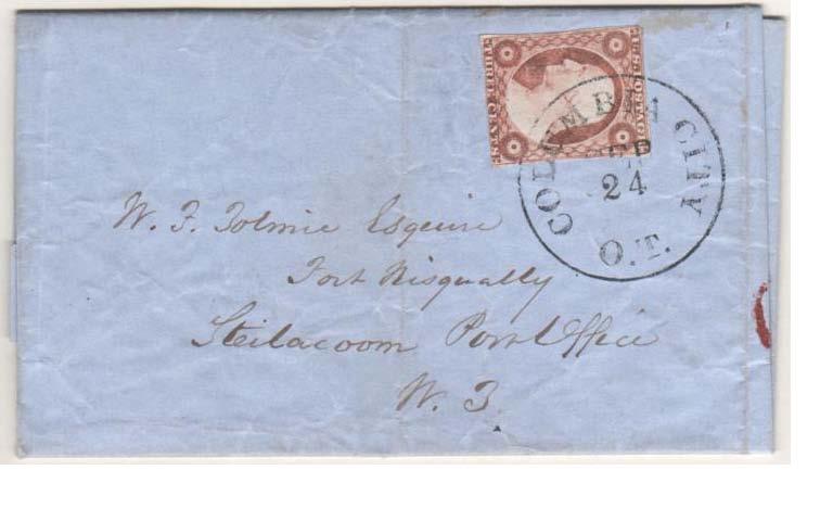 (1855), Columbia City O.T. handstamp 3 cent prepaid rate to Steilacoom W.