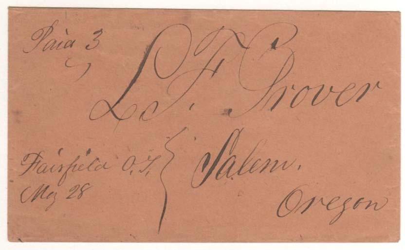 SPRING VALLEY (Polk) EST. 5 MARCH 1852 21 July (circa 1853), Spring Valley O.T. - Post-office discontinued 1 Sep 1855 6 cent prepaid transcontinental rate to Ohio FAIRFIELD (Marion) EST.