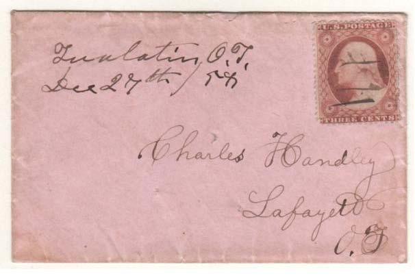 TUALATIN (Washington) EST. 6 JANUARY 1853 27 Dec 1858, Tualatin O.T. in manuscript 3 cent local rate to Lafayette O.