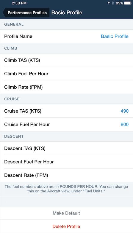 Custom Performance Profiles If your aircraft type does not have any ForeFlight Performance Profiles associated with it, you can create custom performance profiles to use instead.