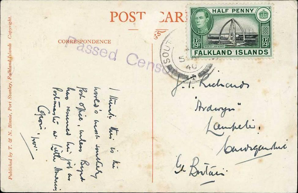 WW II Censorship was authorised by the Governor throughout the period 25 August 1939 to 31 July 1945 EMPIRE POSTCARD RATE - 1d rate, January 1892 to 13 February 1966 1940 (5 April) SG Censored