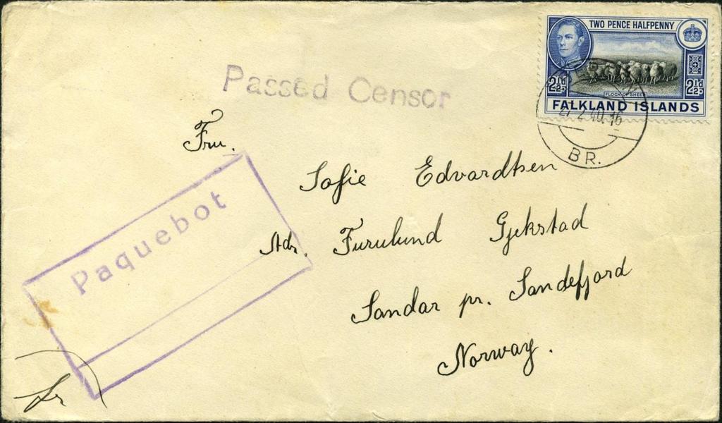 Paquebot mail censored at South Georgia and posted from South Atlantic whaling grounds to Norway FF Vestfold leaving Grytviken on 20 November 1939, worked pelagically for her last season in the South