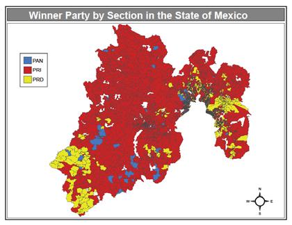7 Map 5 Winner party by section in the State of Mexico in the 2012 Mexican Presidential Elections As a second step, a statistical analysis was performed to identify irregularities in the percentage