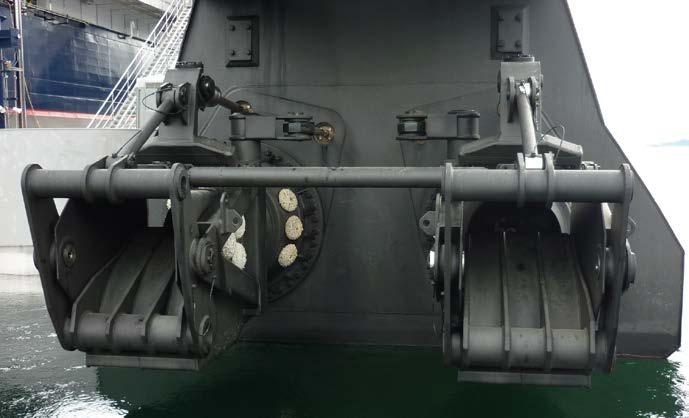 Examples of these are: Inboard hydraulic systems bringing hydraulic cylinders and hoses inside the vessel (figure 4-10), shock proof and fast crash stop installations for Naval use (figure 4-11), and