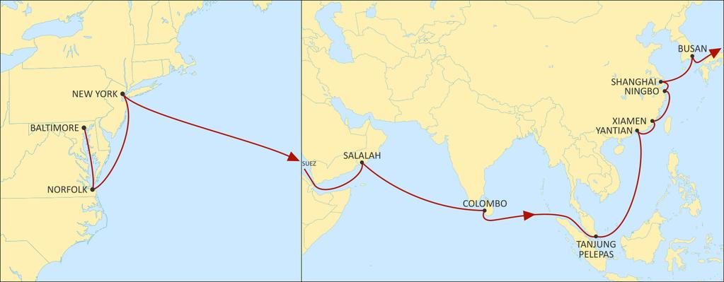 USA EAST COAST TO ASIA EMPIRE EASTBOUND Fast transit time to Salalah and Colombo. Comprehensive coverage of South and Central China.