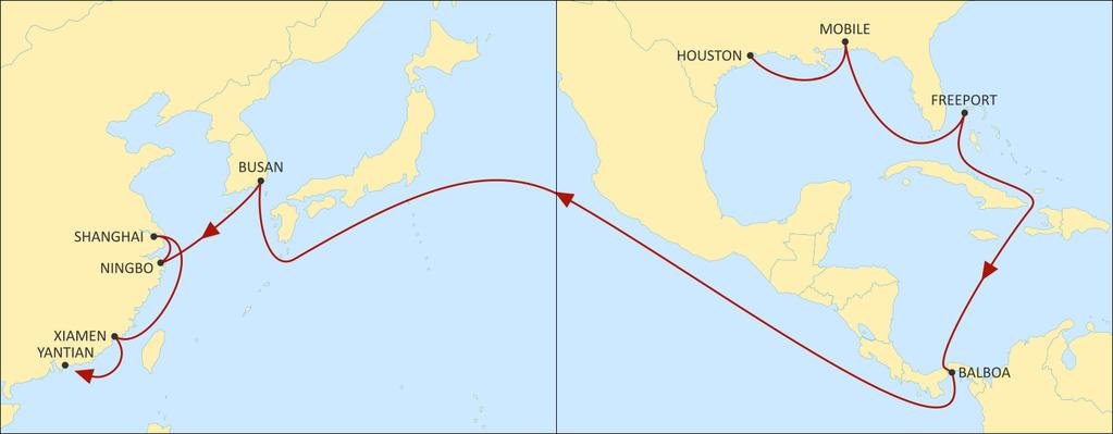USA EAST COAST TO ASIA LONE STAR EXPRESS WESTBOUND Direct connections from Houston and Mobile with fast transit times South Korea, Central and South China.