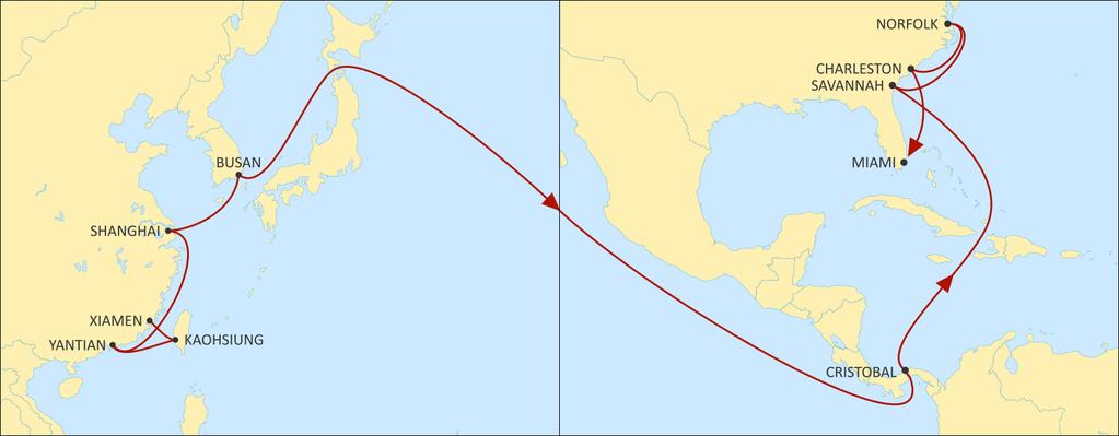 ASIA TO USA EAST COAST EMERALD EASTBOUND South and Central China, Taiwan and South Korea service to the US East Coast via Panama.