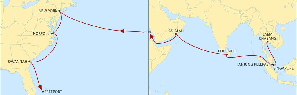 ASIA TO USA EAST COAST ELEPHANT NEW SERVICE WESTBOUND Our newest Asia to US East Coast service, linking Thailand, Singapore, Colombo and Salalah directly with New York, Norfolk, Savannah and Freeport.
