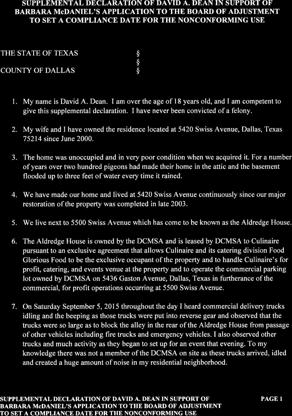 SUPPLEMENTAL DECLARATION OF DAVID A. DEAN IN SUPPORT OF THE STATE OF TEXAS COUNTY OF DALLAS 1. My name is David A. Dean.