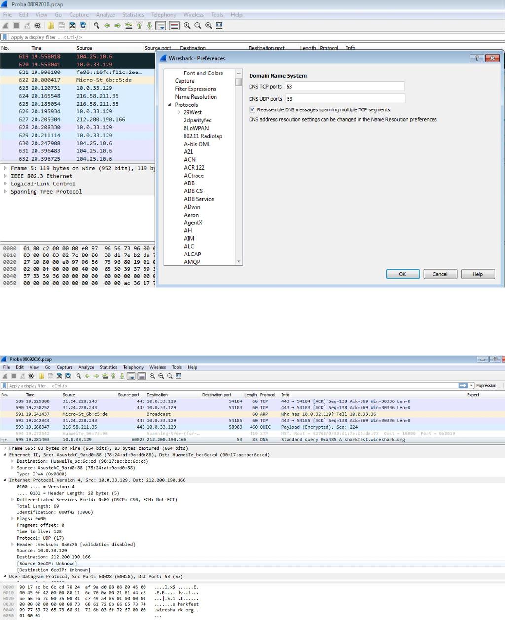 Slika 6.1.10.Lista protokola koje Wireshark podržava prikazana u Preference kartici Srednji podprozor glavnog prozora sadrži hijerarhijski prikaz informacija o pojedinačnom, selektovanom paketu.