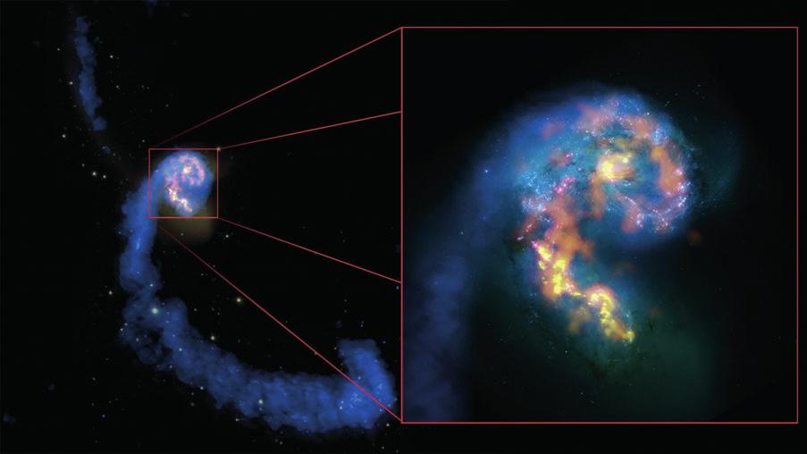 Na ovom snimku sudarenih galaksija nazvanih Antene vidi se neutralni vodonik, prikazan plavo, izbačen u dva plimska repa koja se pružaju daleko iza emisija dveju galaksija u vidljivom delu spektra.