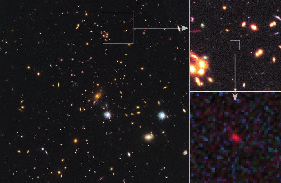 Gravitacijska sočiva uzrokovana tamnom materijom u ogromnom galaktičkom jatu MACS J1149+2223 pojačavaju sjajnost vrlo udaljenih izvora oko petnaest puta, tako da postaju vidljivi.