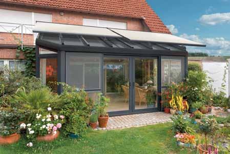 conservatories. The guide rails are mounted directly on the conservatory, preventing the retracted awning from appearing as a foreign object element.