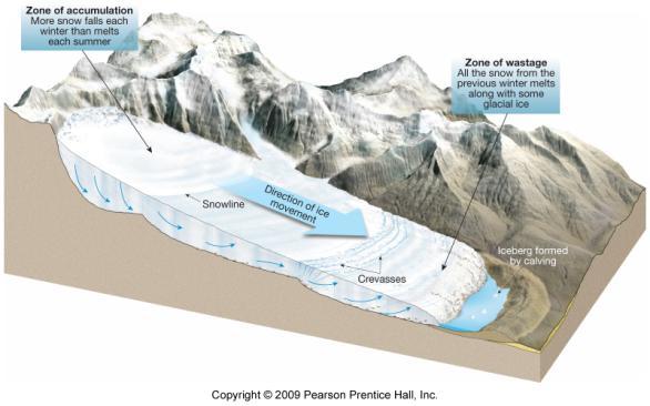 E. Budget of a glacier 1. Zone of accumulation the area where a glacier forms. (Snow fall exceeds amount snow melted). Snow/ice flows down valley into the next zone: 2.