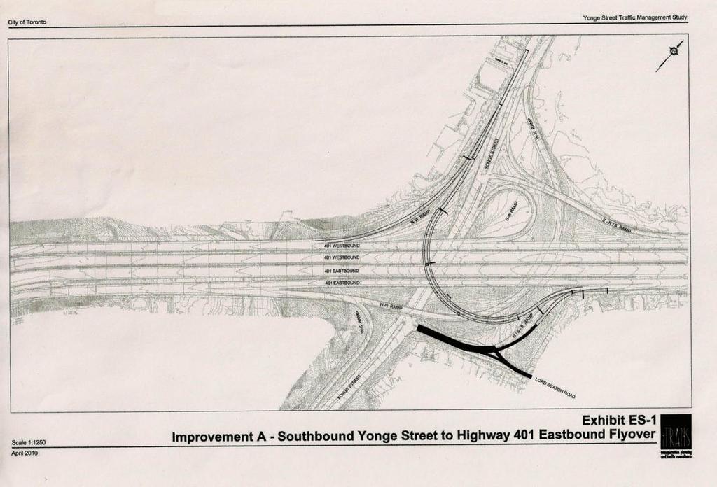 The concept of the southbound Yonge Street to eastbound Highway 401 (N-E 401 on-ramp) left-turn FlyOver ramp is to create a free-flowing separate grade 600-700 metre long left-turning overpass in the