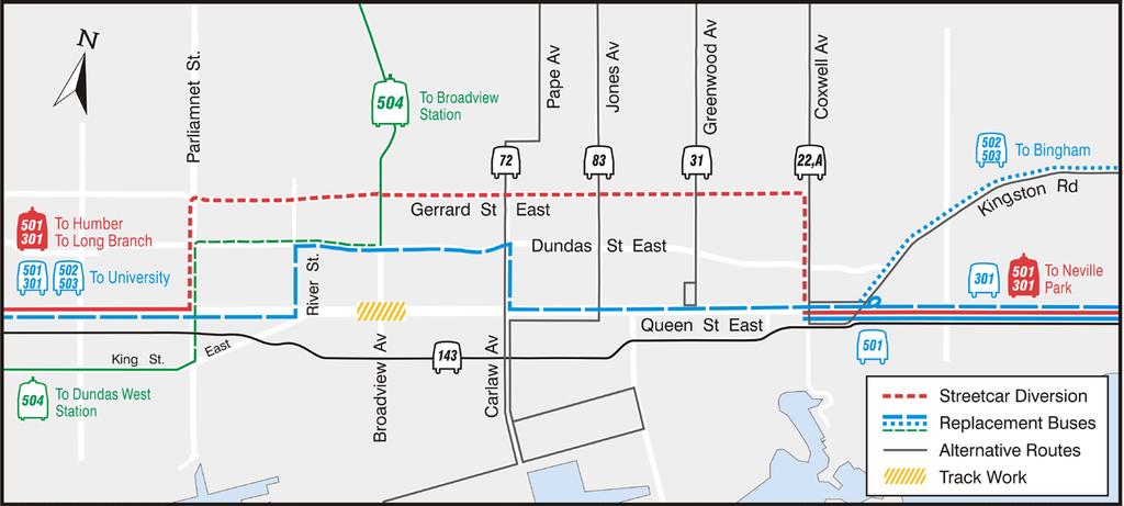 BROADVIEW/QUEEN INTERSECTION JUNE 30-JULY 25 Bus diverts
