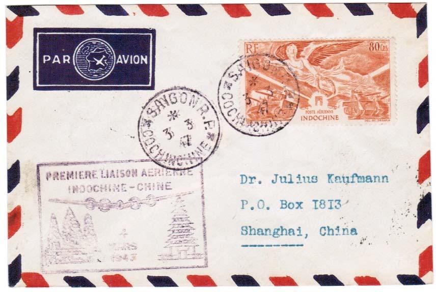 Saigon Shanghai 4 March 1947 The commemorative cachet was typically struck with black ink but purple was used as well.