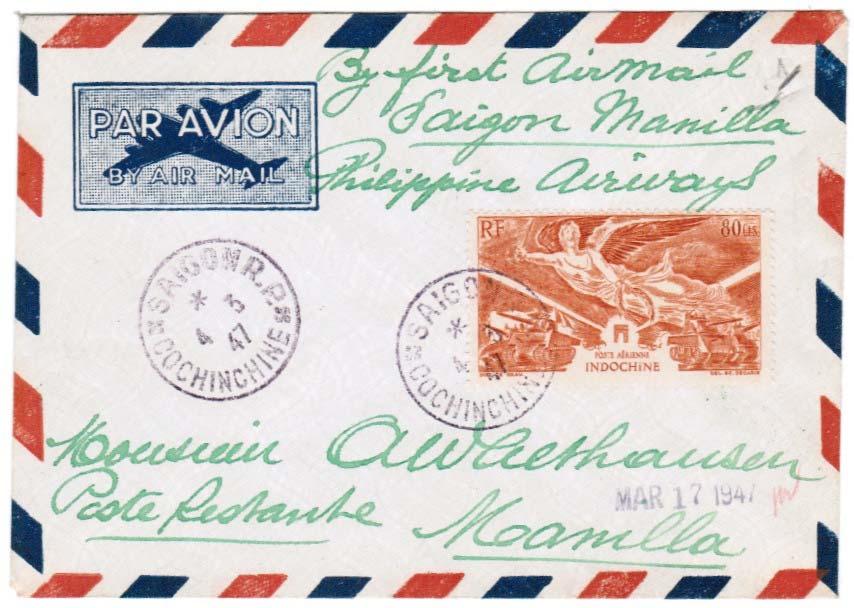 Saigon Manila 4 March 1946 Philippine Airways performed a trial return flight from Saigon to Manila on 4 March. Only 40 letters were carried.