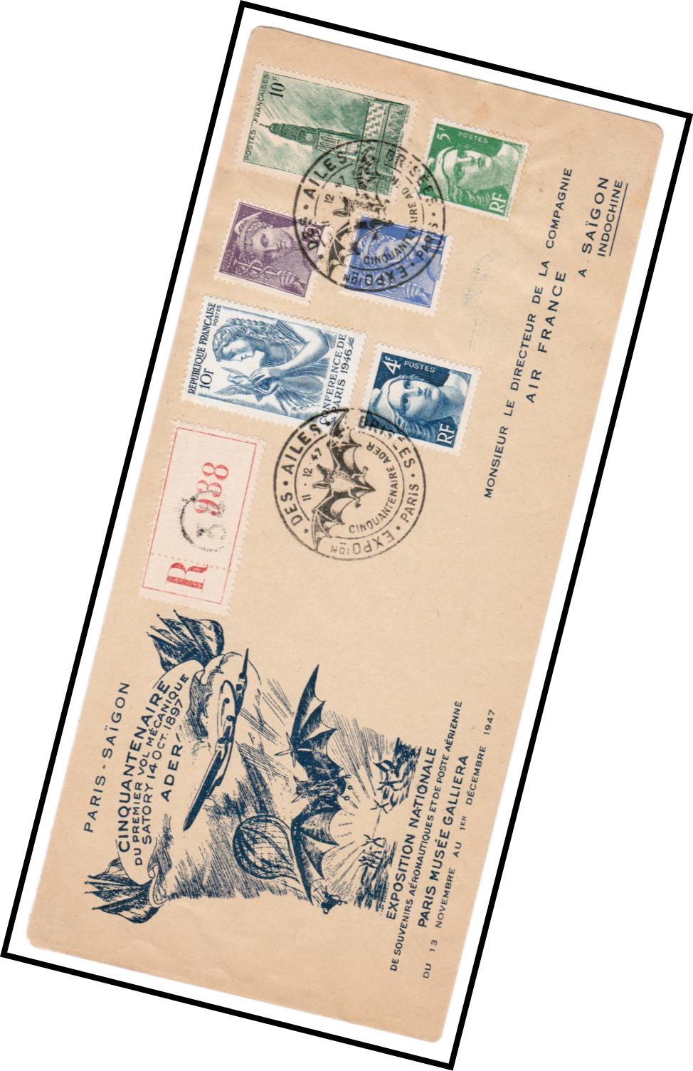 Paris Saigon December 1947 To celebrate the 50th anniversary of the claimed first mechanical flight, specially printed covers were