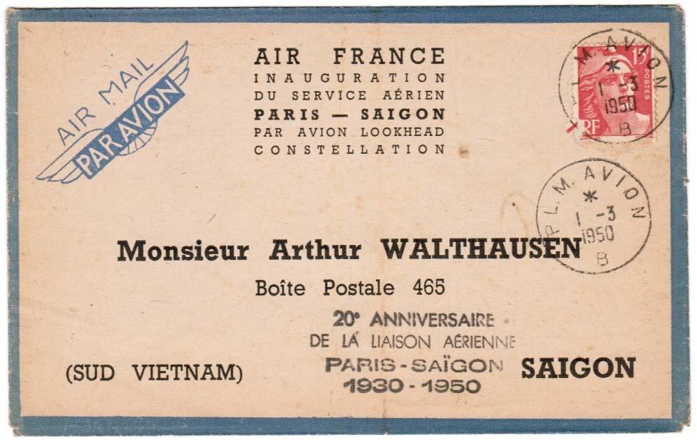 Paris Saigon 1 March - 3 March 1950 At the time of the celebration of the 20th anniversary of the Paris-Saigon connection by air, Air France began using Lockheed