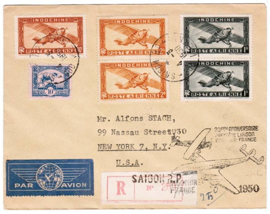 Saigon Paris 4-6 March 1950 To commemorate 20 years of regular air service, mail originating from Saigon was handstamped with a pictorial cachet contrasting