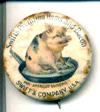 Lot # 178-1 1/4" diameter celluloid button advertising Swifts Premium Hams and Bacon at the Pan-American. Pictured on the front is color design of a pig sitting in a frying pan.