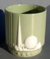 Lot # 394 - Small Lenox Vase or toothpick holder in green china with embossed white Trylon and Perisphere on one side and eagle on the other side. The bottom is marked "Officially Approved N.Y.W.F.