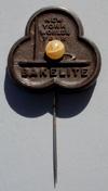 Lot # 460 - Bakelite Stick pin in brown with the Trylon and Perisphere (Perisphere is a white bead) and the words "New York World's Fair" above and "Bakelite" below.