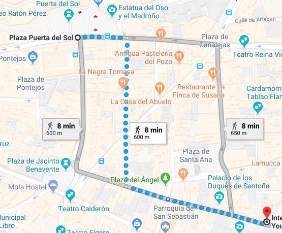 From the bus station Méndez Álvaro to the accommodation: Take the metro in the bus station, line 6 (grey one) to Legazpi (2 stops). There change to line 3 (yellow one) to Sol.