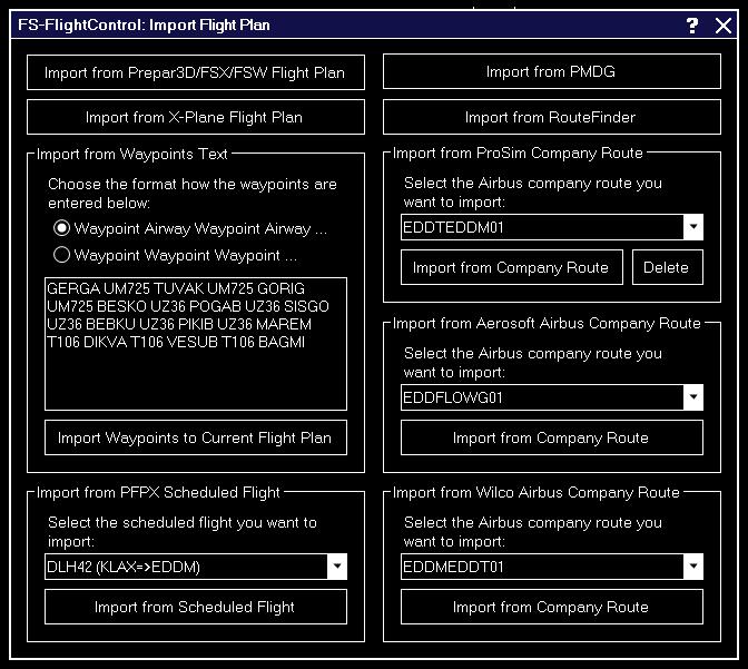 2018/09/01 05:24 5/14 Flight Plan This dialog provides you with various options to import flight plans from external applications.