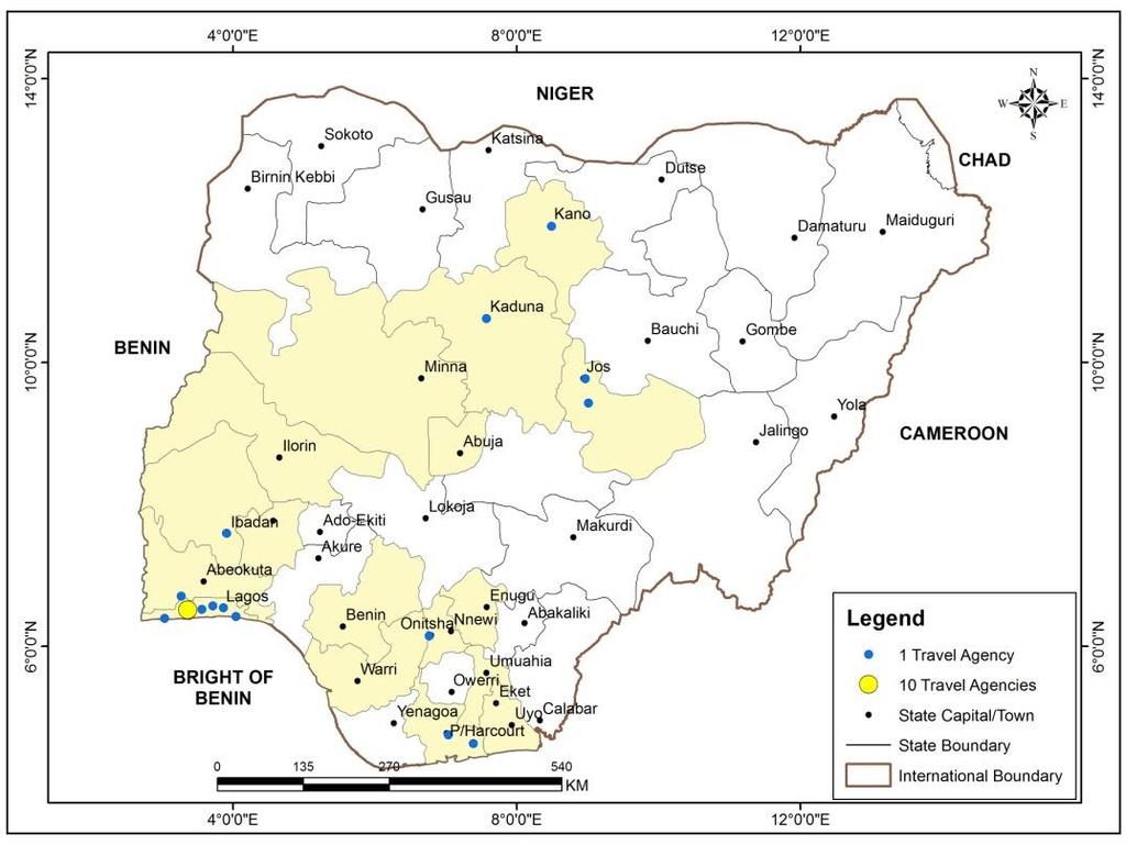 Figure 1: Distribution of Airline Travel Agencies from 1975-1984 in Nigeria The spatial distribution of airline travel agencies across locations in Nigeria within the year 1975 1984 presented in Fig