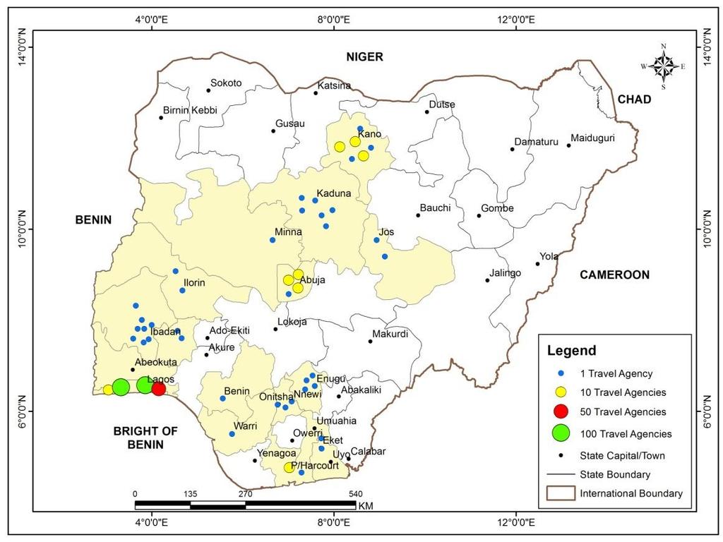 Figure 3: Distribution of Airline Travel Agencies from 1995-2004 in Nigeria Source: Field Survey, 2016 An examination of Figure 3 reveals that the number of surviving airline travel agencies